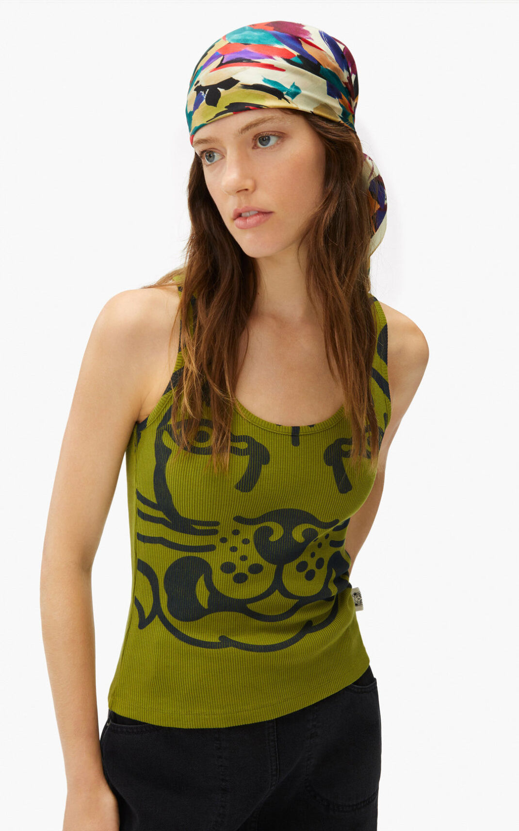 Kenzo K Tiger vest top T Shirt Olive For Womens 2536DUGWB
